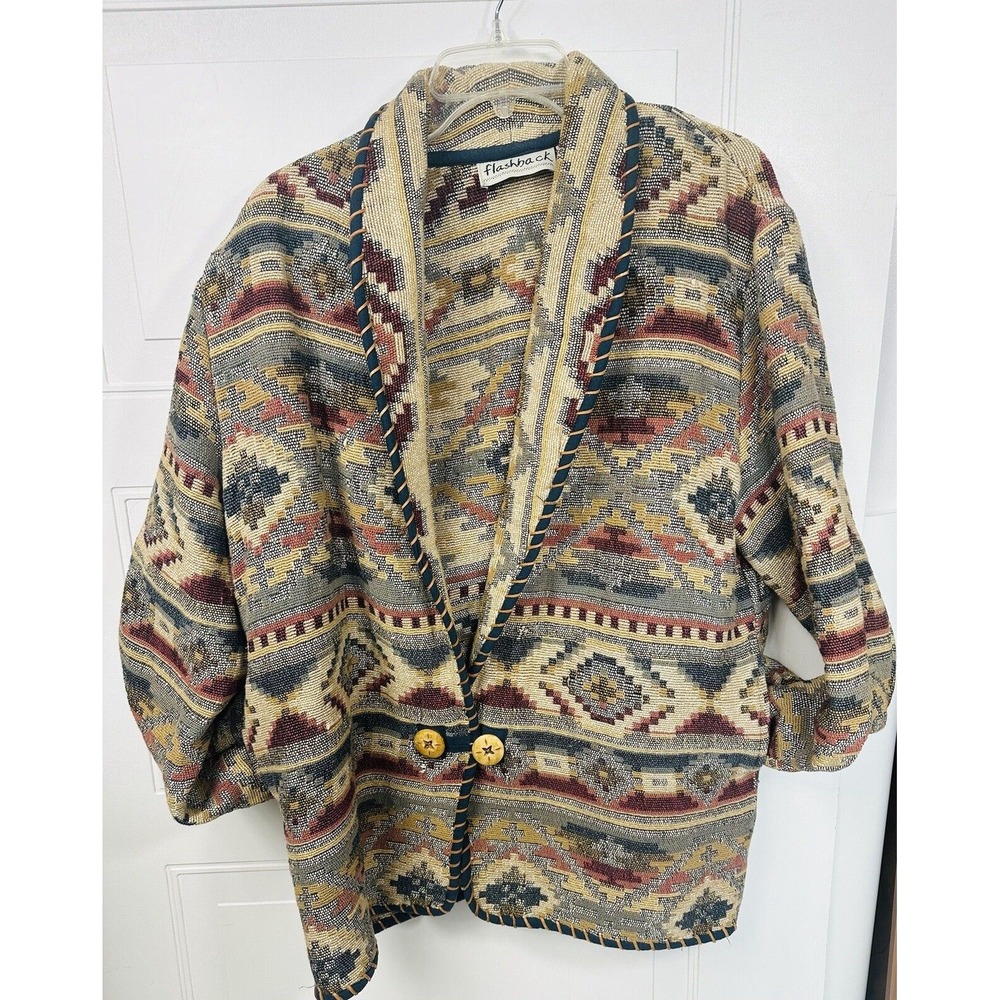 Vtg Flashback L‎ Multicolored Aztec Southwestern Tribal Tapestry Coat Pockets